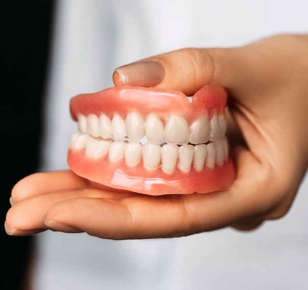 Hand holding full denture model showing complete upper and lower teeth against white background.