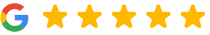 Google logo with five gold stars representing a five-star customer review rating.