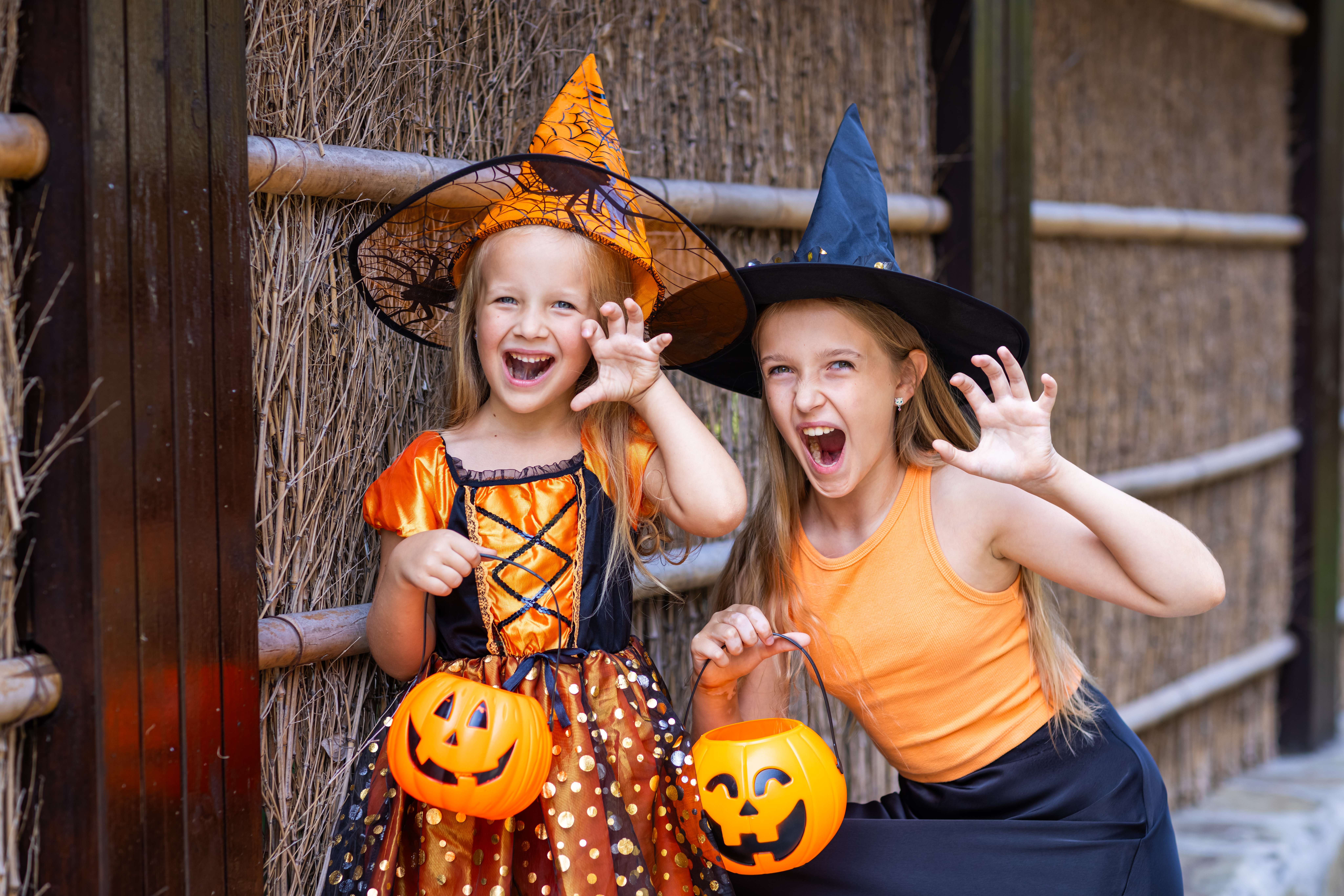Two young girls in Halloween costumes posing with pumpkin buckets outdoors. Festive celebration and playful mood.
